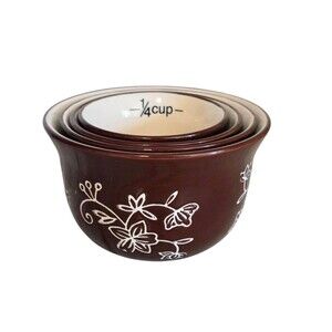 Set of 4 Ceramic Nesting Measuring Cups Bowls Chocolate Brown Etched Flowers EUC